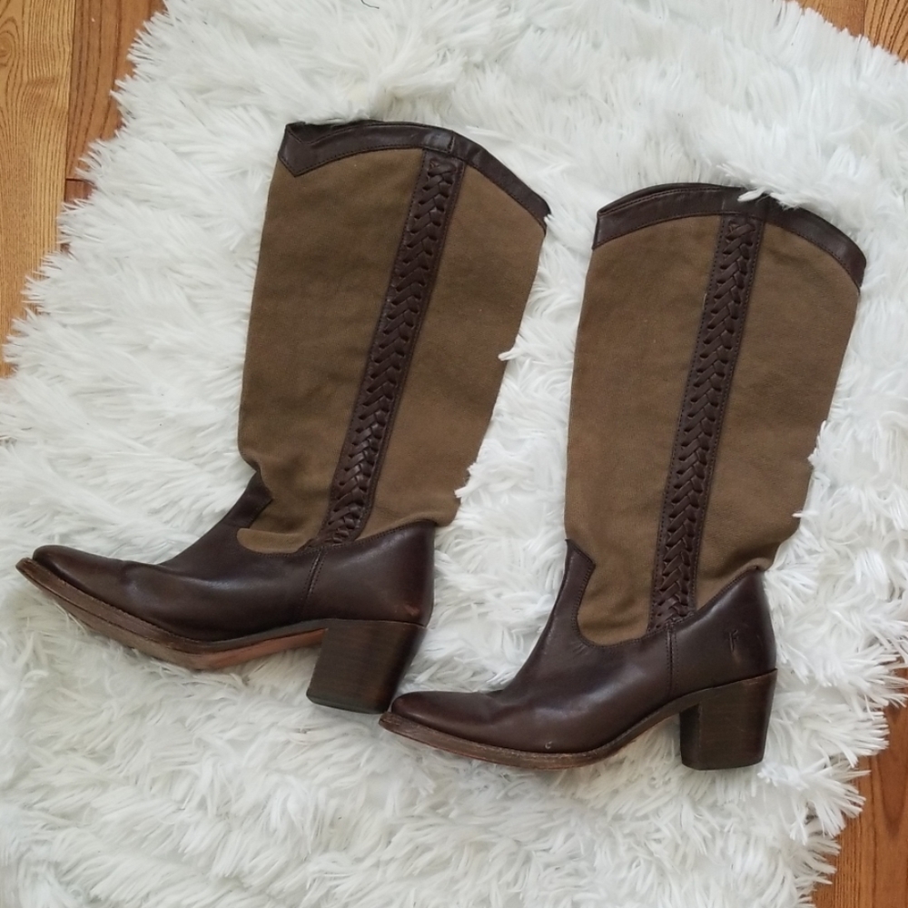 Frye Brown Leather And Canvas Boots